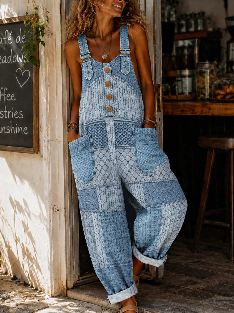 Women's Casual Sleeveless Denim Patchwork Jumpsuit